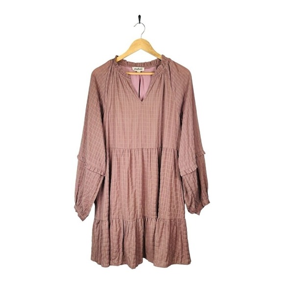 Listicle Tiered Mini Dress Womens Large Dusty Rose Textured Grid Balloon Sleeve - Picture 10 of 10